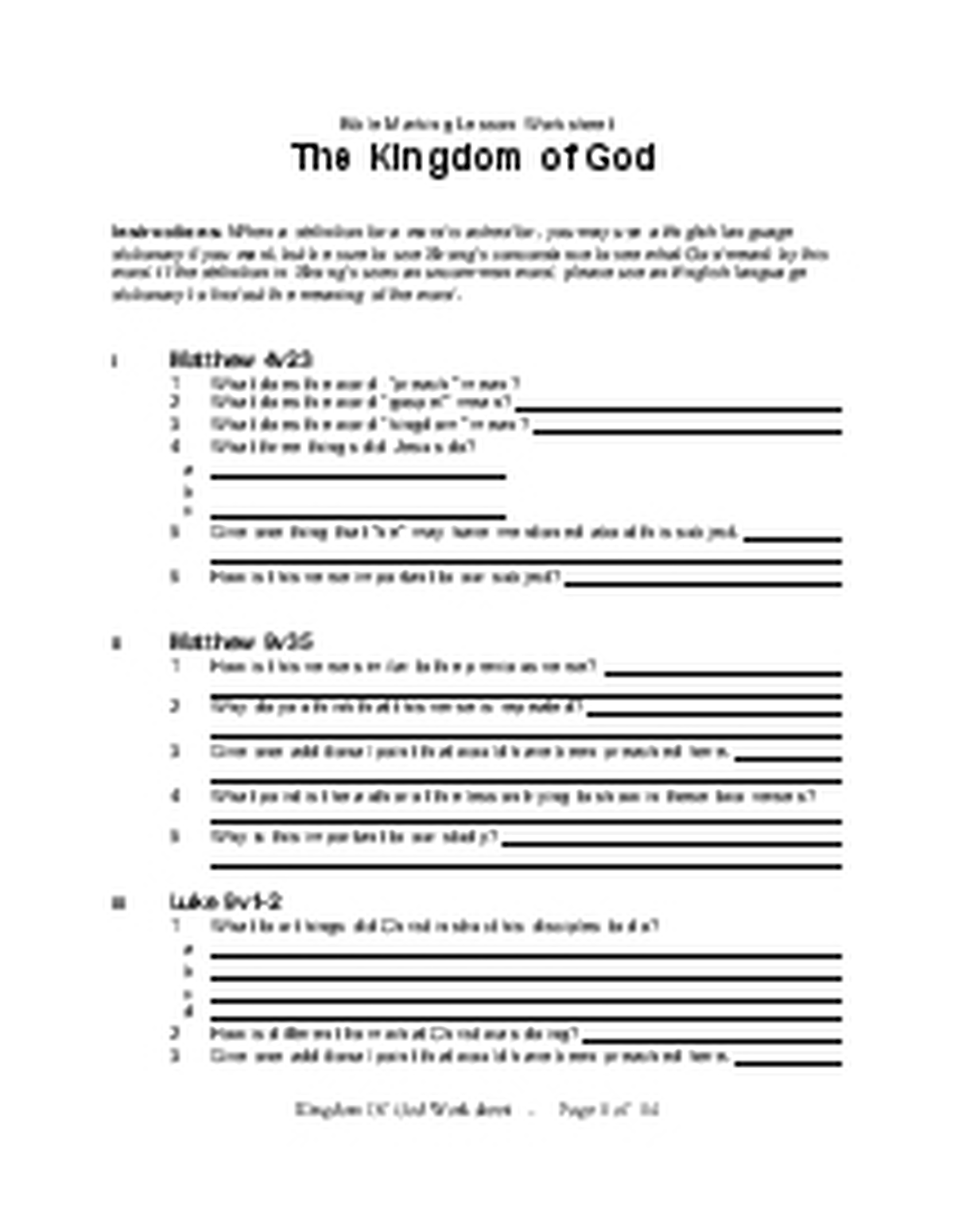 Kingdom of God West Coast Bible Marking Lesson Worksheet